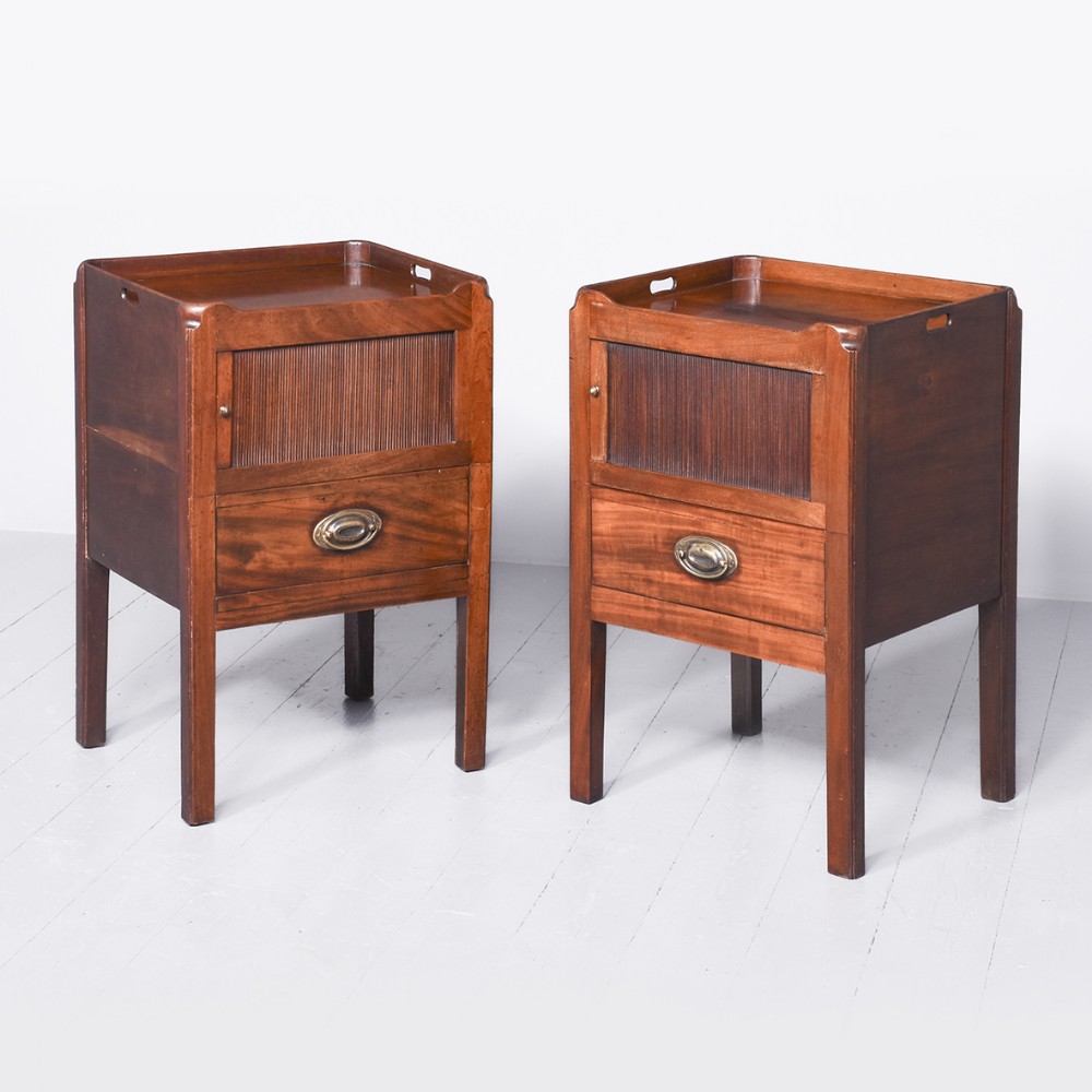 Matched Pair of Original George III Tambour Front Tray Top Commodes