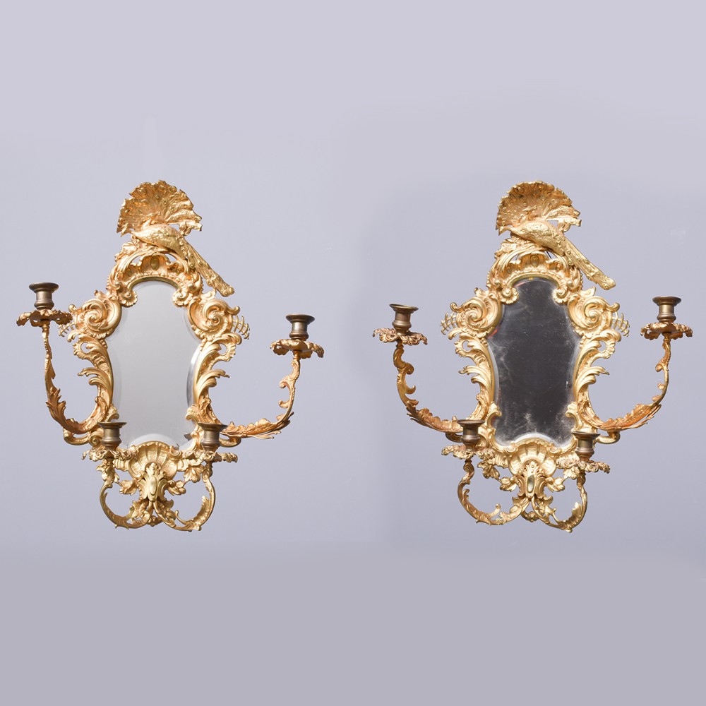 Exceptional Pair of Ormolu (Gilded Bronze) Mirrored Wall Sconces
