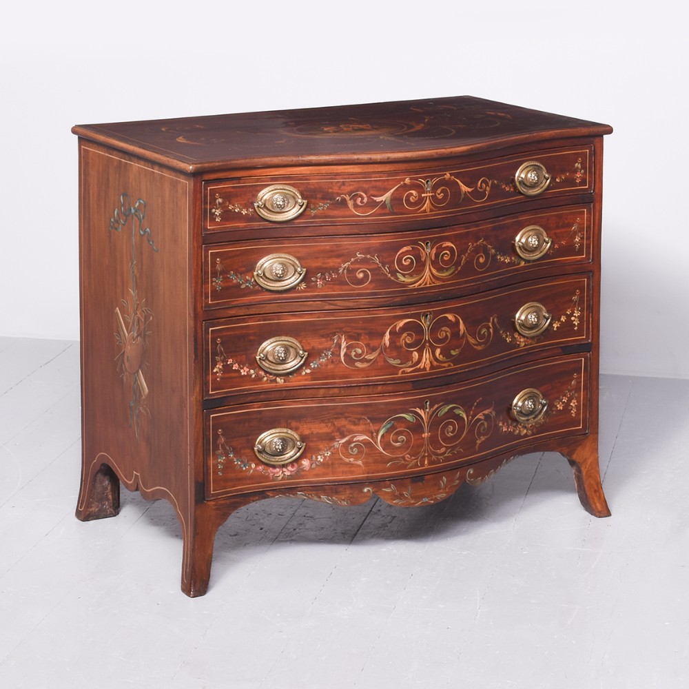 Rare George III Hand Painted Neat-Sized Serpentine-Fronted Mahogany Chest of Drawers