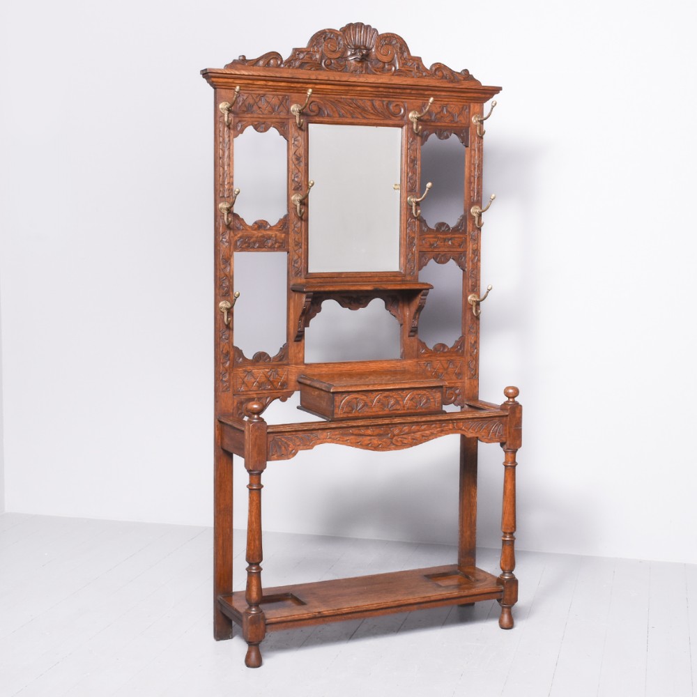 Mid Victorian Carved Oak Green Man Hall Stand