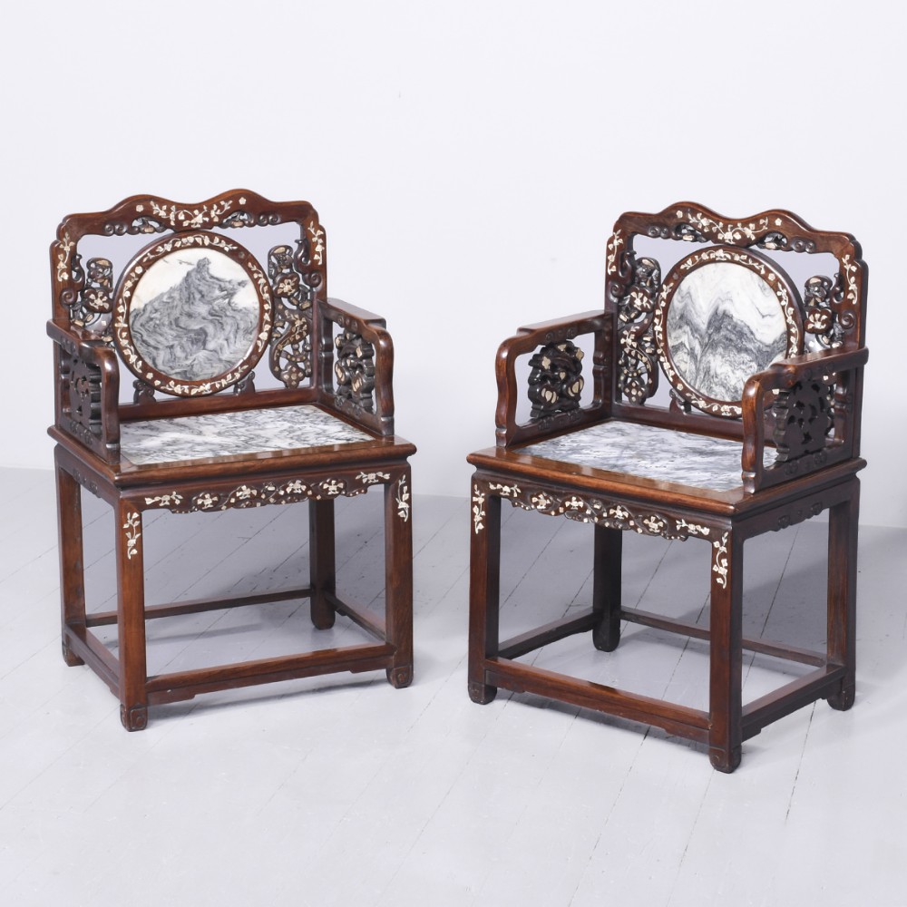 Pair of Huanghuali Mother of Pearl and Marble Armchairs