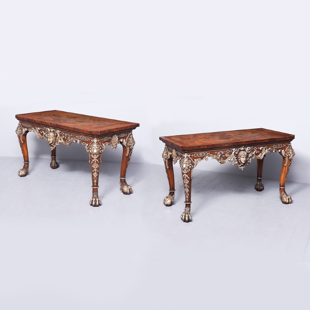 Pair of Exhibition Quality Walnut Silvered and Yew Wood Serving Tables