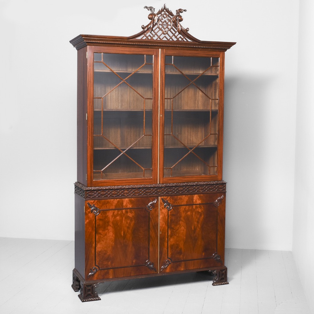 Carved Mahogany Chippendale-Style Glazed Cabinet Bookcase