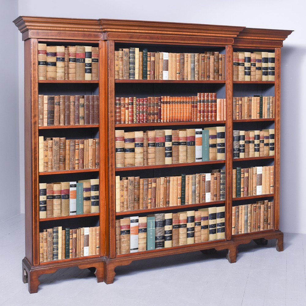 Quality Late 19th Century Inlaid Mahogany Breakfront Open Bookcase