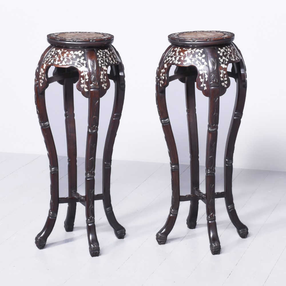 Rare Pair of Chinese, Tall, Mother-of-Pearl Inlaid Hongmu Plant Stands
