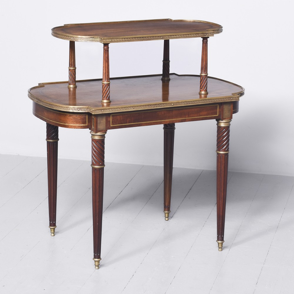 Brass inlaid French mahogany two-tier freestanding etagere