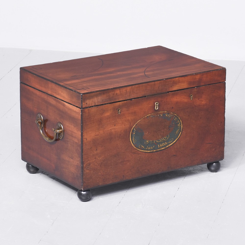 Rare Neat-Sized Ebony-Inlaid George III Mahogany Trunk
