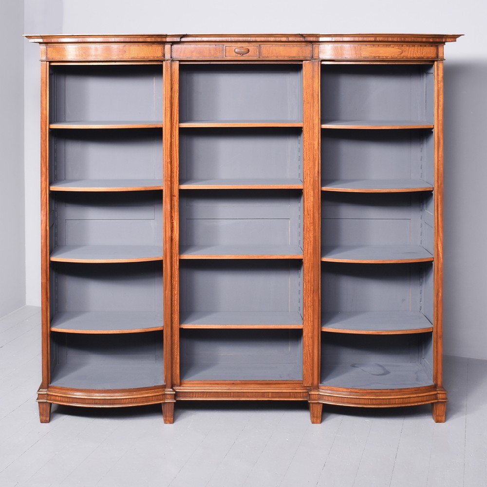 Late 19th Century Sheraton-Style Inlaid Satinwood Shaped-Front Open Bookcase