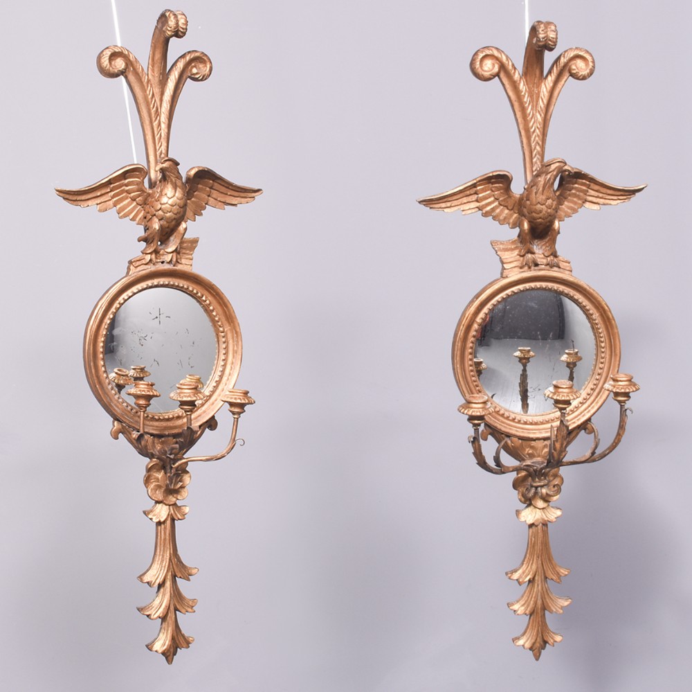 Pair of Convex Mirrored 3 Branch Wall Sconces