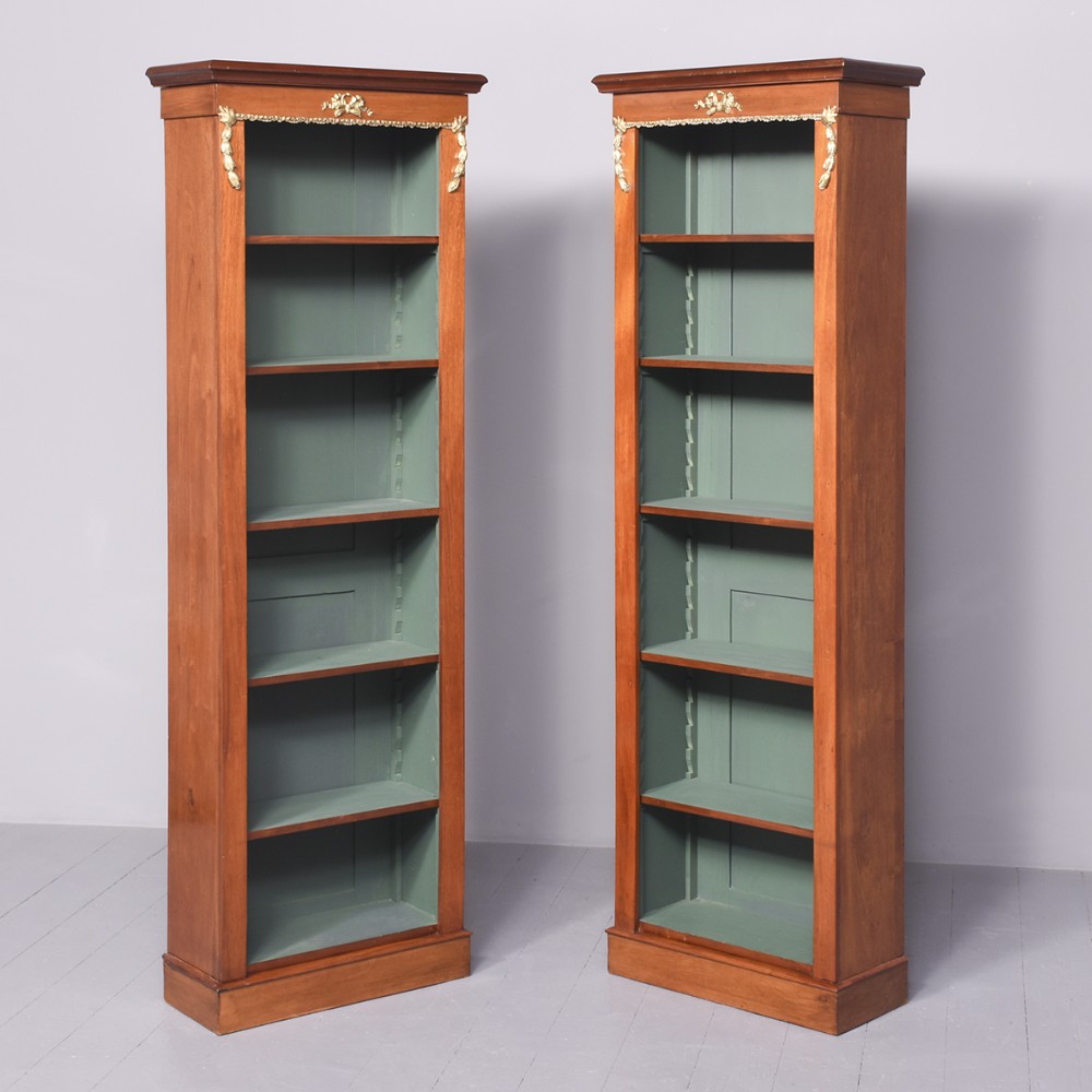 Pair of Victorian Ormolu-Mounted Mahogany Tall Open Bookcases 
