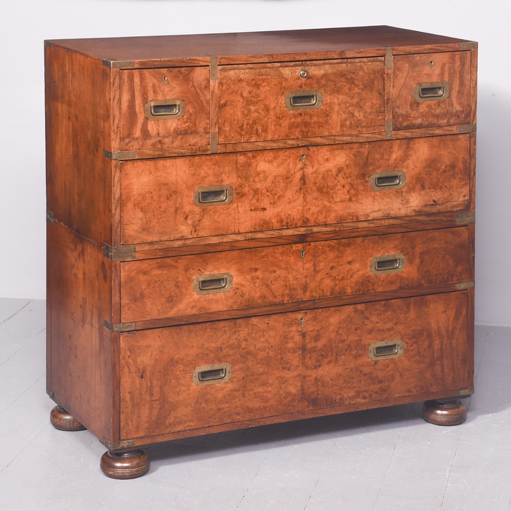 Exceptional Victorian Burr Walnut and Teak Antique Military Secretaire Chest