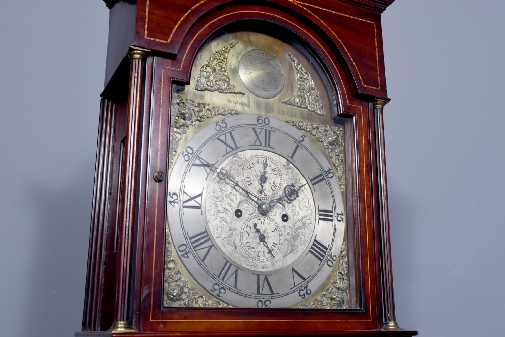 Quality inlaid brass faced mahogany Georgian grandfather clock by John Douglas of Galston View III