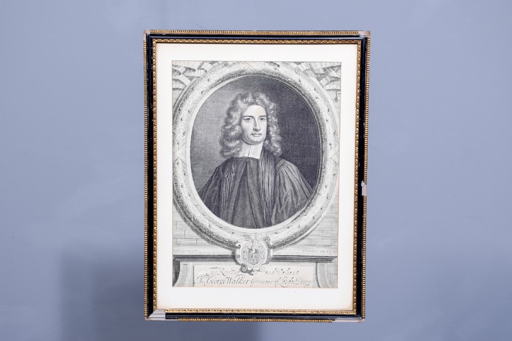 A collection of fifteen framed antique monochrome portrait engravings featuring oval borders and historical figures. View VI