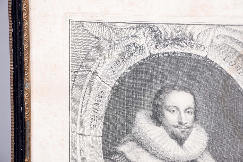 A collection of fifteen framed antique monochrome portrait engravings featuring oval borders and historical figures. View VII
