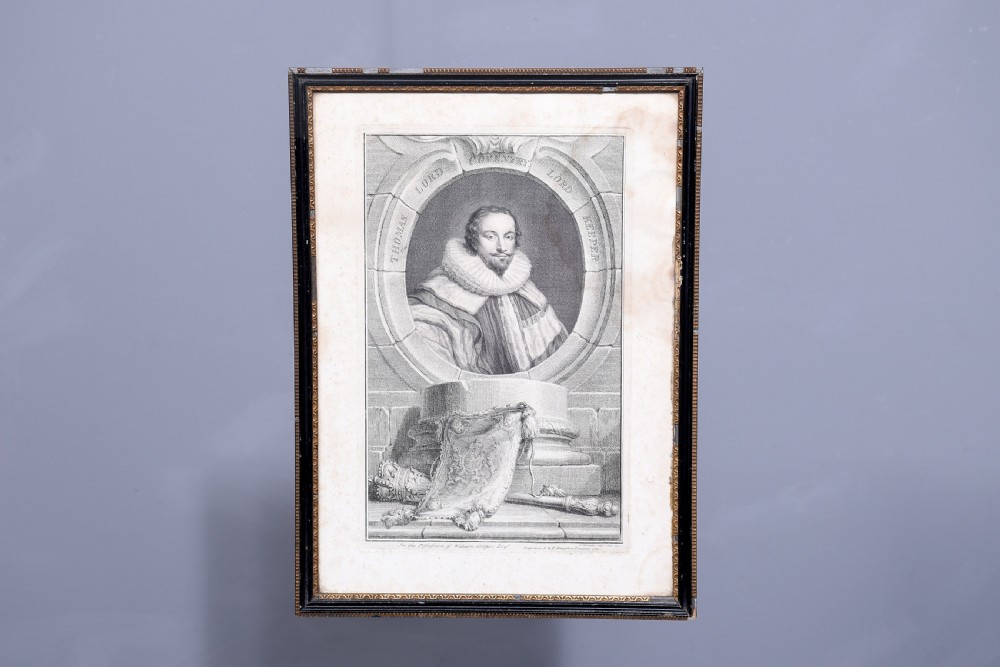 A collection of fifteen framed antique monochrome portrait engravings featuring oval borders and historical figures. View VIII
