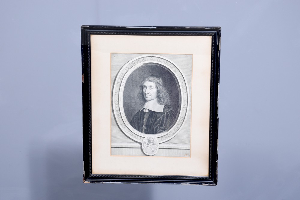 A collection of fifteen framed antique monochrome portrait engravings featuring oval borders and historical figures. View XXI