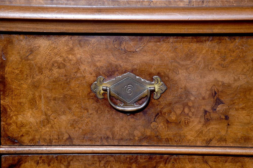 A nineteenth-century Dutch burr walnut display cabinet featuring canted glazed sides, an arched cresting cornice, two lower drawers, and turned legs connected by a shaped stretcher. View II