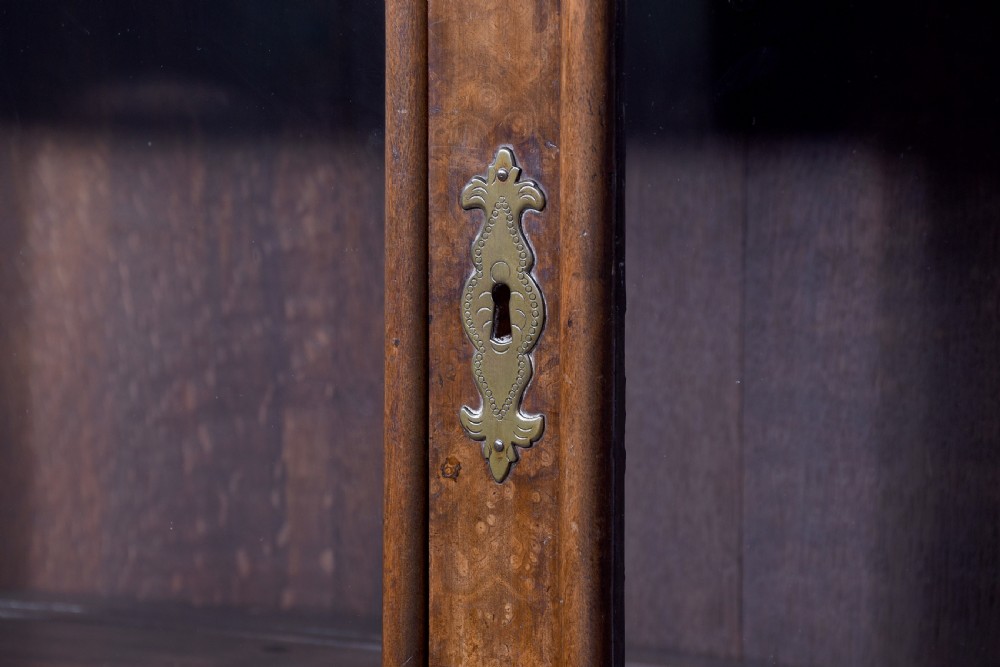 A nineteenth-century Dutch burr walnut display cabinet featuring canted glazed sides, an arched cresting cornice, two lower drawers, and turned legs connected by a shaped stretcher. View VIII