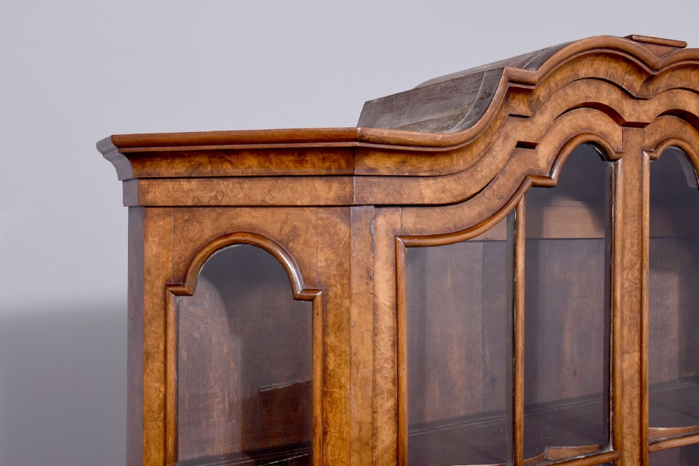 A nineteenth-century Dutch burr walnut display cabinet featuring canted glazed sides, an arched cresting cornice, two lower drawers, and turned legs connected by a shaped stretcher. View XII