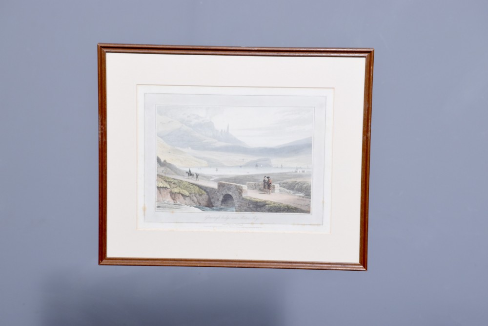 A row of six framed antique Regency landscape prints featuring topographical scenes framed in brown wood with cream mounts. View X