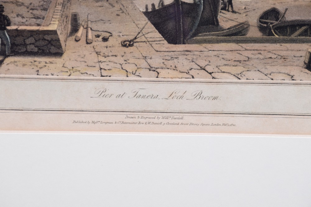 A row of six framed antique Regency landscape prints featuring topographical scenes framed in brown wood with cream mounts. View XI