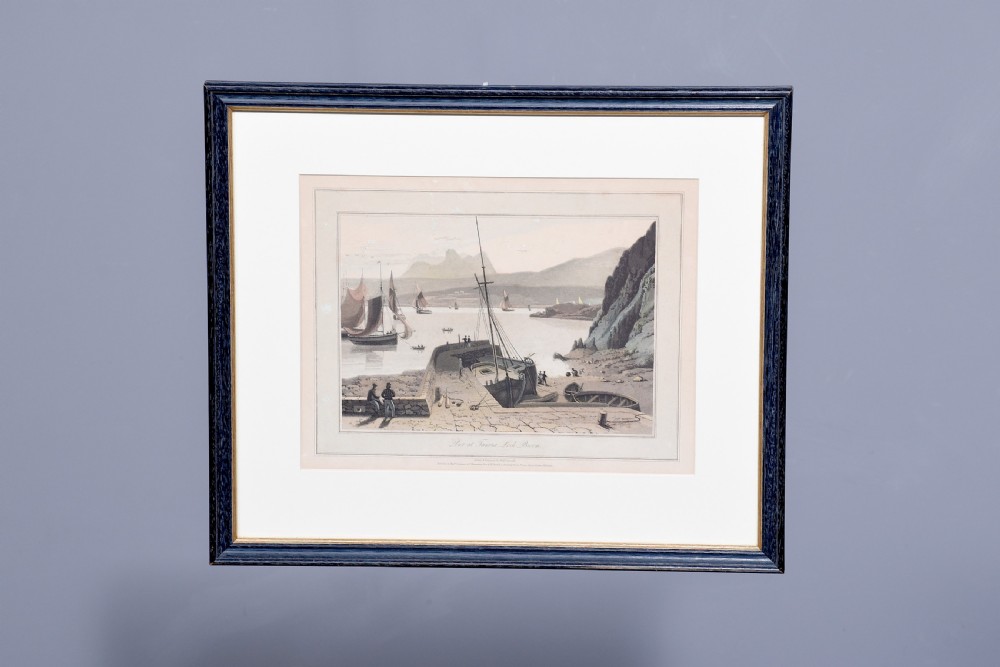 A row of six framed antique Regency landscape prints featuring topographical scenes framed in brown wood with cream mounts. View XII