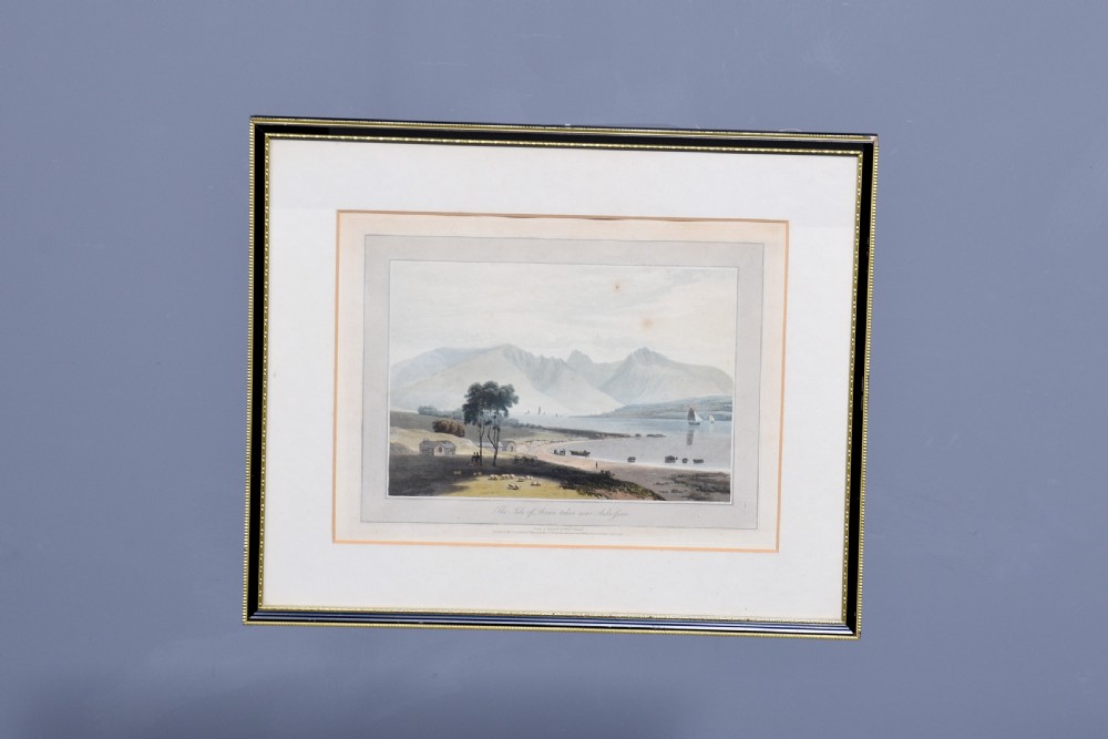 A row of six framed antique Regency landscape prints featuring topographical scenes framed in brown wood with cream mounts. View XIII