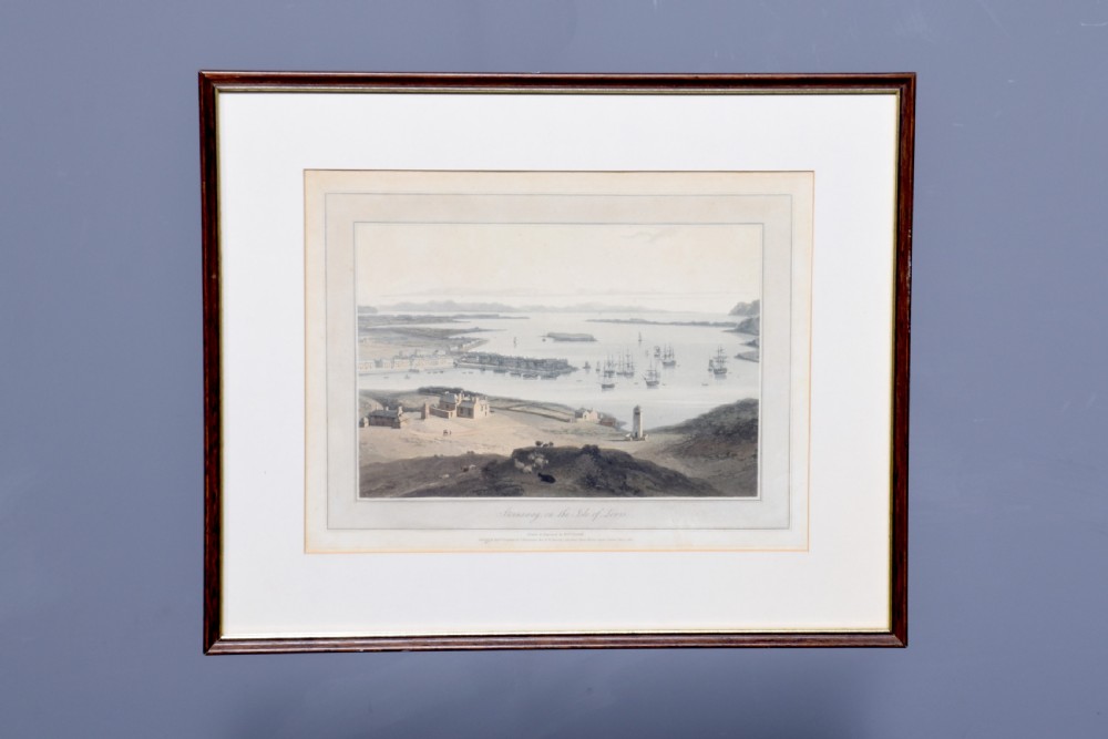 A row of six framed antique Regency landscape prints featuring topographical scenes framed in brown wood with cream mounts. View XIV