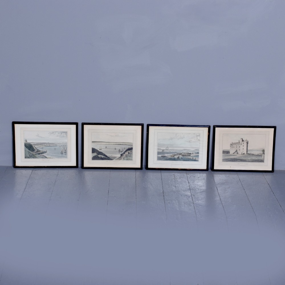 A row of six framed antique Regency landscape prints featuring topographical scenes framed in brown wood with cream mounts. View XV