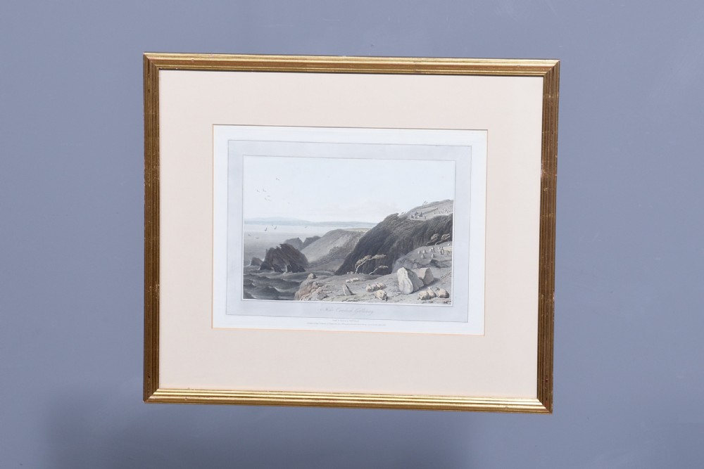 A row of six framed antique Regency landscape prints featuring topographical scenes framed in brown wood with cream mounts. View XVII