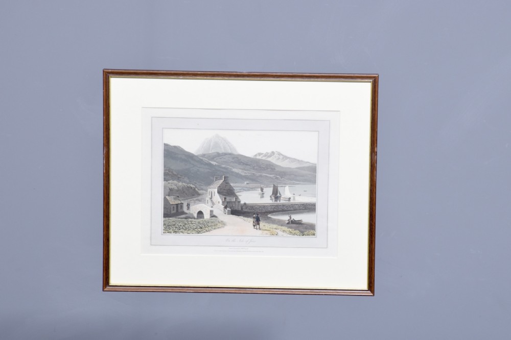 A row of six framed antique Regency landscape prints featuring topographical scenes framed in brown wood with cream mounts. View XX