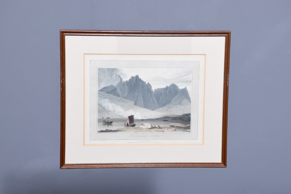 A row of six framed antique Regency landscape prints featuring topographical scenes framed in brown wood with cream mounts. View XXII
