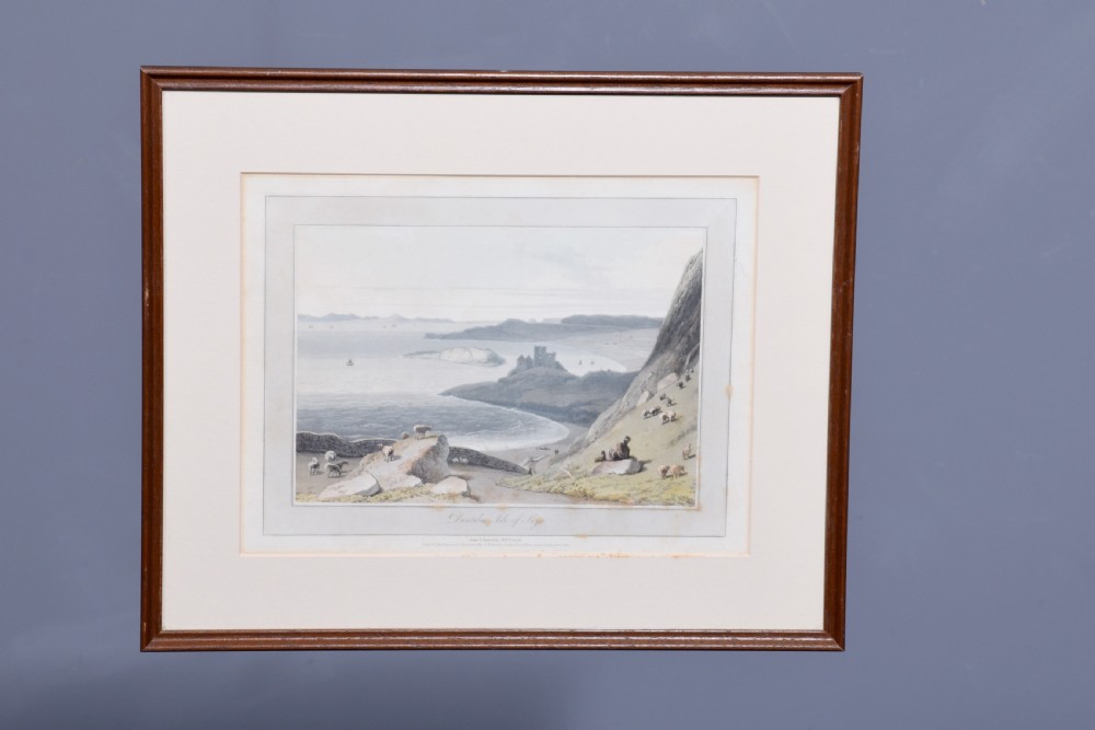 A row of six framed antique Regency landscape prints featuring topographical scenes framed in brown wood with cream mounts. View XXV
