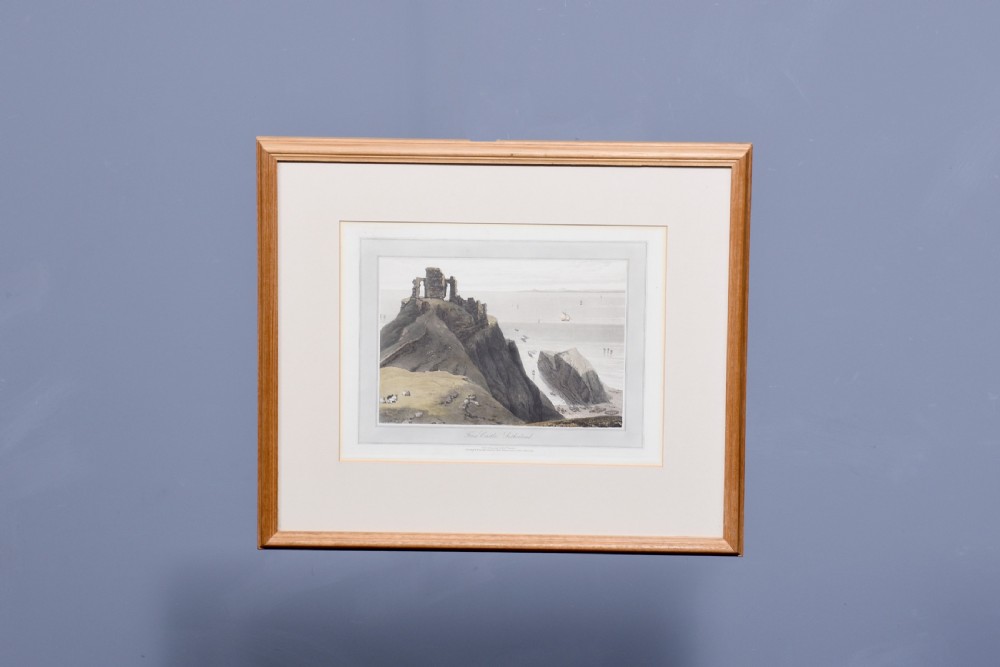 A row of six framed antique Regency landscape prints featuring topographical scenes framed in brown wood with cream mounts. View XXVI