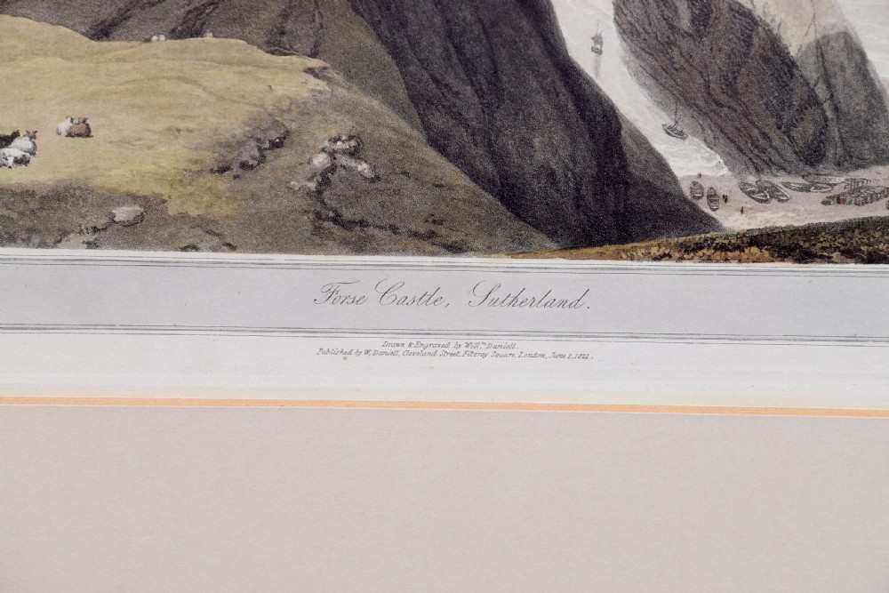 A row of six framed antique Regency landscape prints featuring topographical scenes framed in brown wood with cream mounts. View XXVII