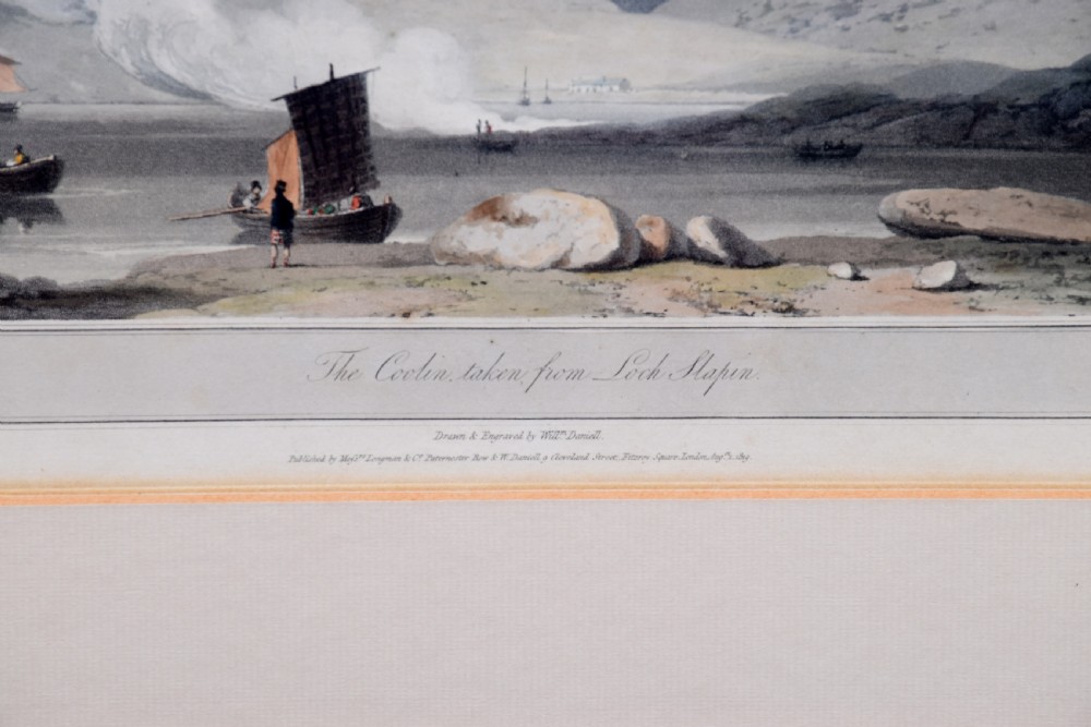 A row of six framed antique Regency landscape prints featuring topographical scenes framed in brown wood with cream mounts. View XXVIII
