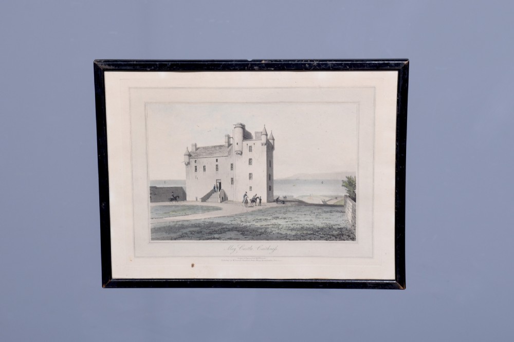 A row of six framed antique Regency landscape prints featuring topographical scenes framed in brown wood with cream mounts. View XXX