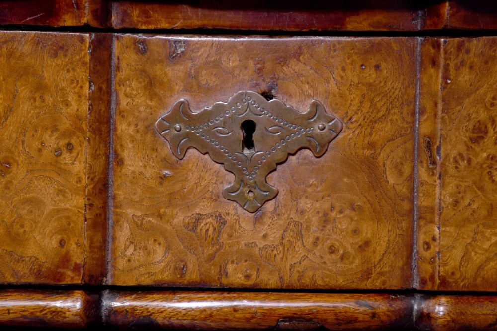 An eighteenth-century Dutch burr elm chest of drawers featuring a contoured front, four long drawers with brass drop handles, and turned bun feet. View VII