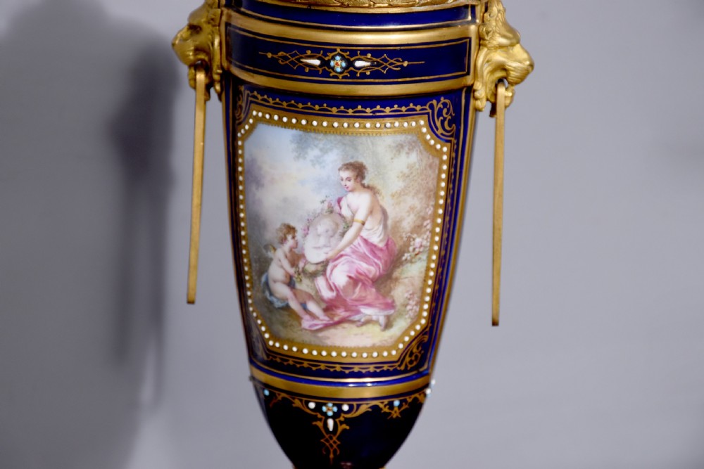 Pair of Sevres or Sevres style hand - decorated cobalt blue porcelain vases with ormolu mounts View VII