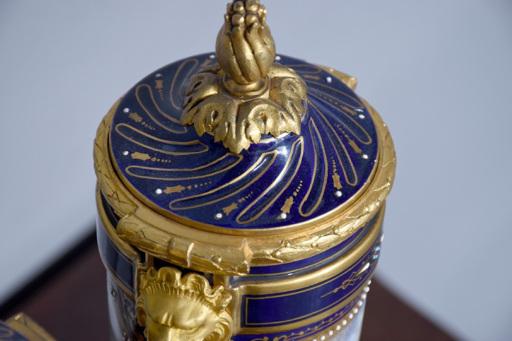Pair of Sevres or Sevres style hand - decorated cobalt blue porcelain vases with ormolu mounts View XI