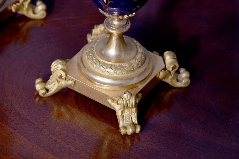Pair of Sevres or Sevres style hand - decorated cobalt blue porcelain vases with ormolu mounts View XII