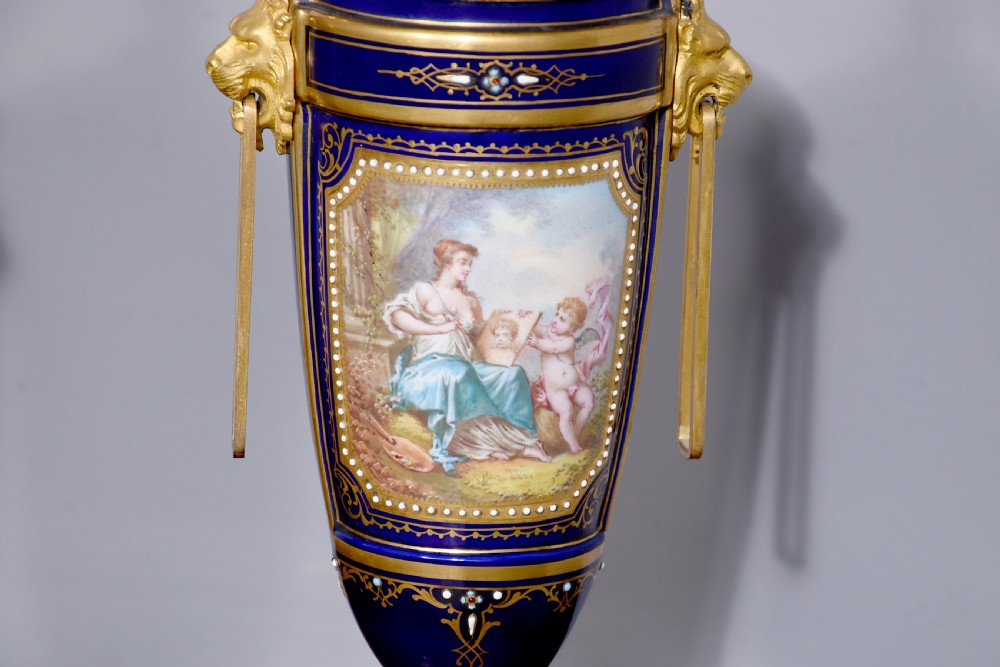 Pair of Sevres or Sevres style hand - decorated cobalt blue porcelain vases with ormolu mounts View XIII