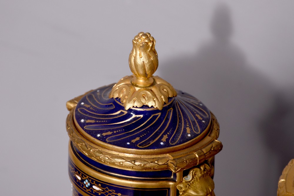 Pair of Sevres or Sevres style hand - decorated cobalt blue porcelain vases with ormolu mounts View XIV
