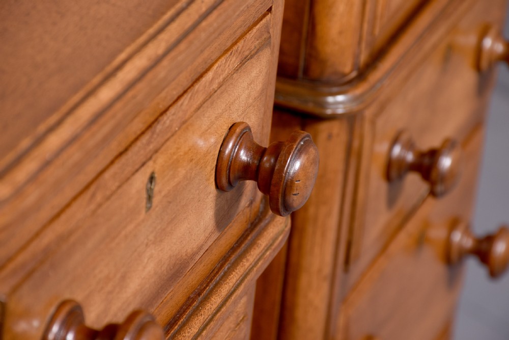 A pair of tall Victorian mahogany Wellington-style chests, each featuring five stacked drawers with turned wood knobs and stepped plinth bases. View V