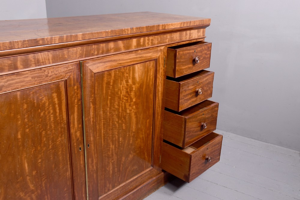 A nineteenth-century mahogany low linen press featuring two central panelled doors flanked by four drawers on each side, set on a solid plinth base. View III