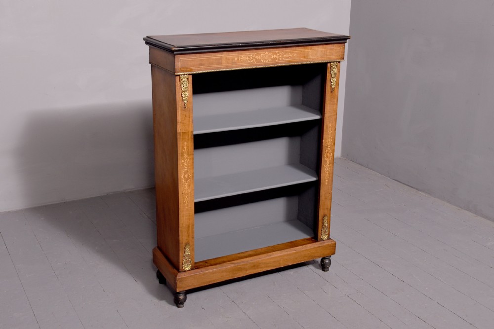 Mid - Victorian, neat sized inlaid - walnut, ormolu - mounted open bookcase View VI