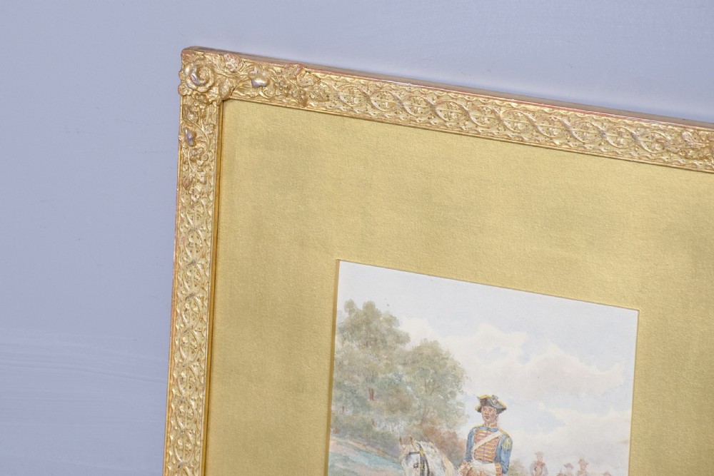 A set of three gilt-framed watercolour paintings depicting cavalry soldiers on horseback in varied rural landscapes. View II