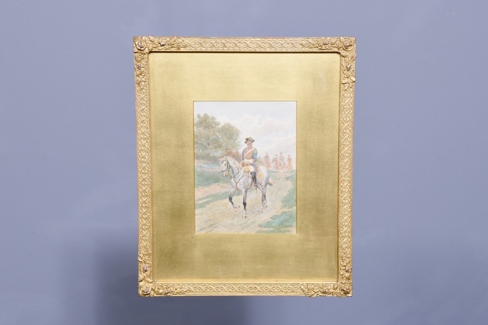 A set of three gilt-framed watercolour paintings depicting cavalry soldiers on horseback in varied rural landscapes. View V
