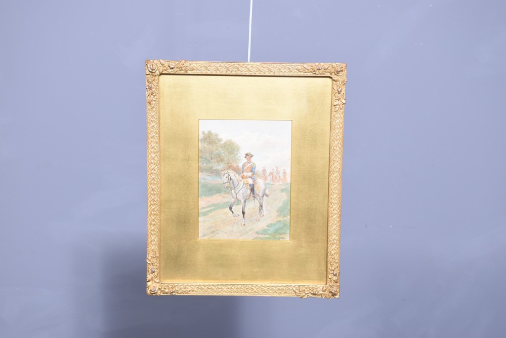 A set of three gilt-framed watercolour paintings depicting cavalry soldiers on horseback in varied rural landscapes. View VII