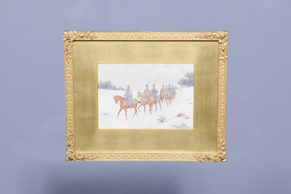 A set of three gilt-framed watercolour paintings depicting cavalry soldiers on horseback in varied rural landscapes. View VIII